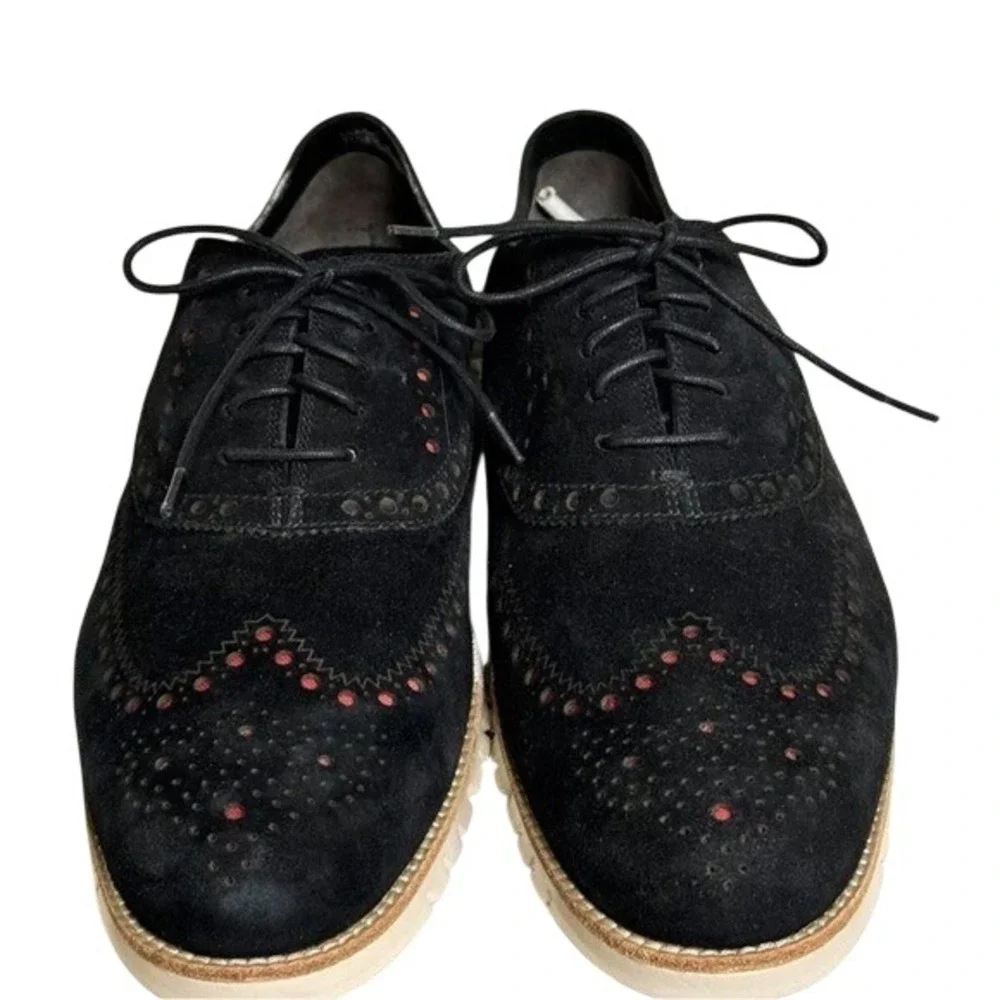 Cole Haan Zerogrand Wingtip Oxford Shoes Black‎ Suede Red Accents Mens 11.5